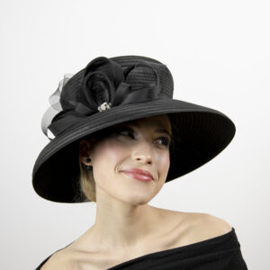 Black wide brim hat to wear at funerals, weddings, races.