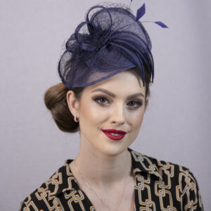 Blue fascinator hat.