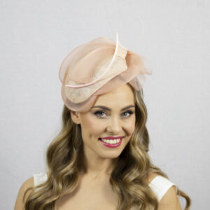 Blush pink percher hat. Pink wedding and race hat.