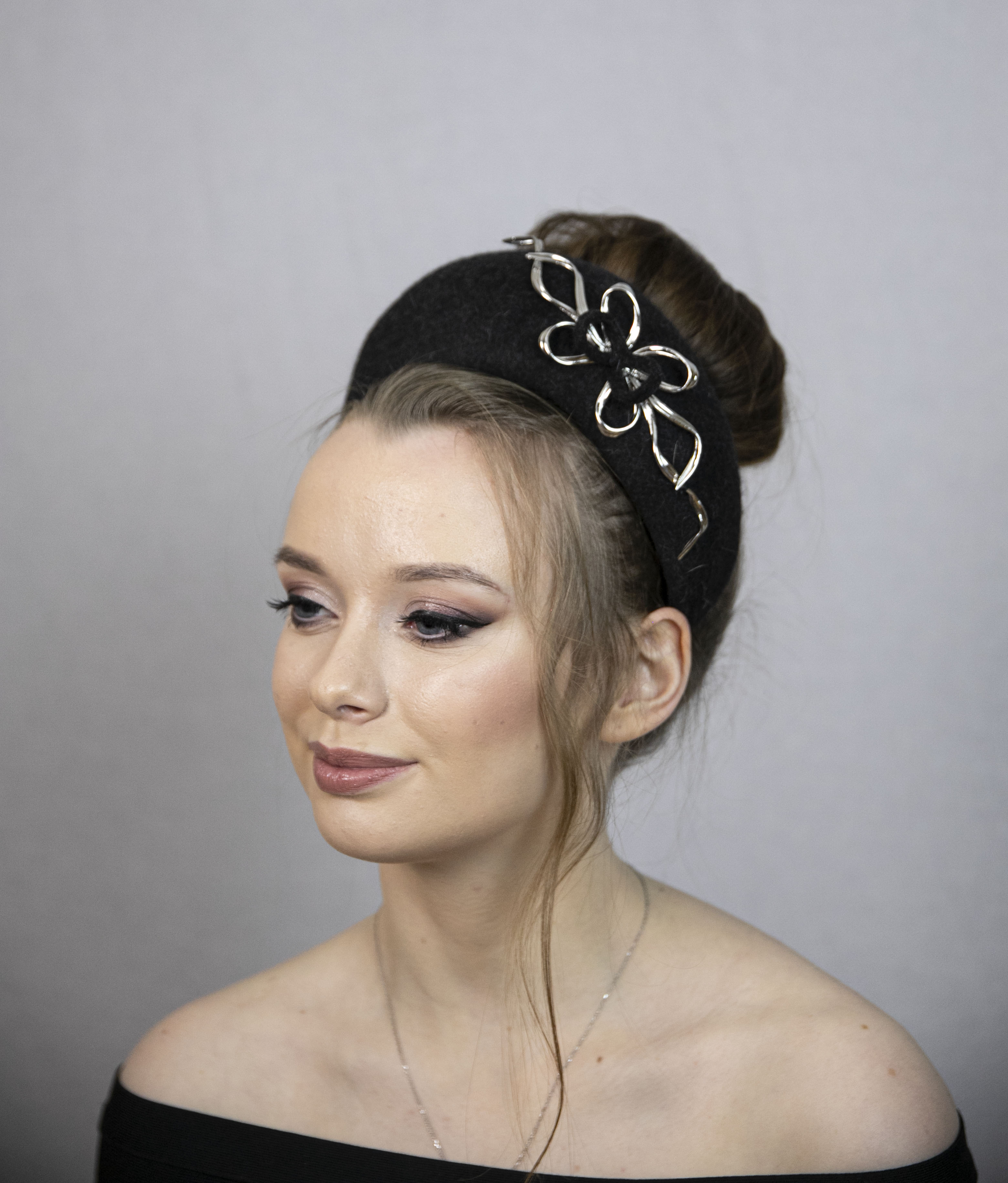 Black halo headband hat from velour felt.