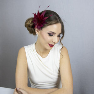Red wine feather fascinator.