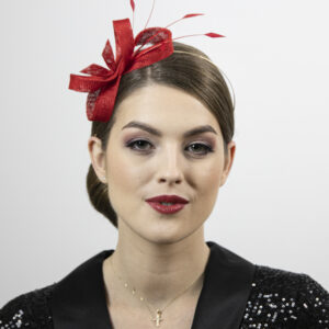 Red small fascinator. Red feather fascinator.