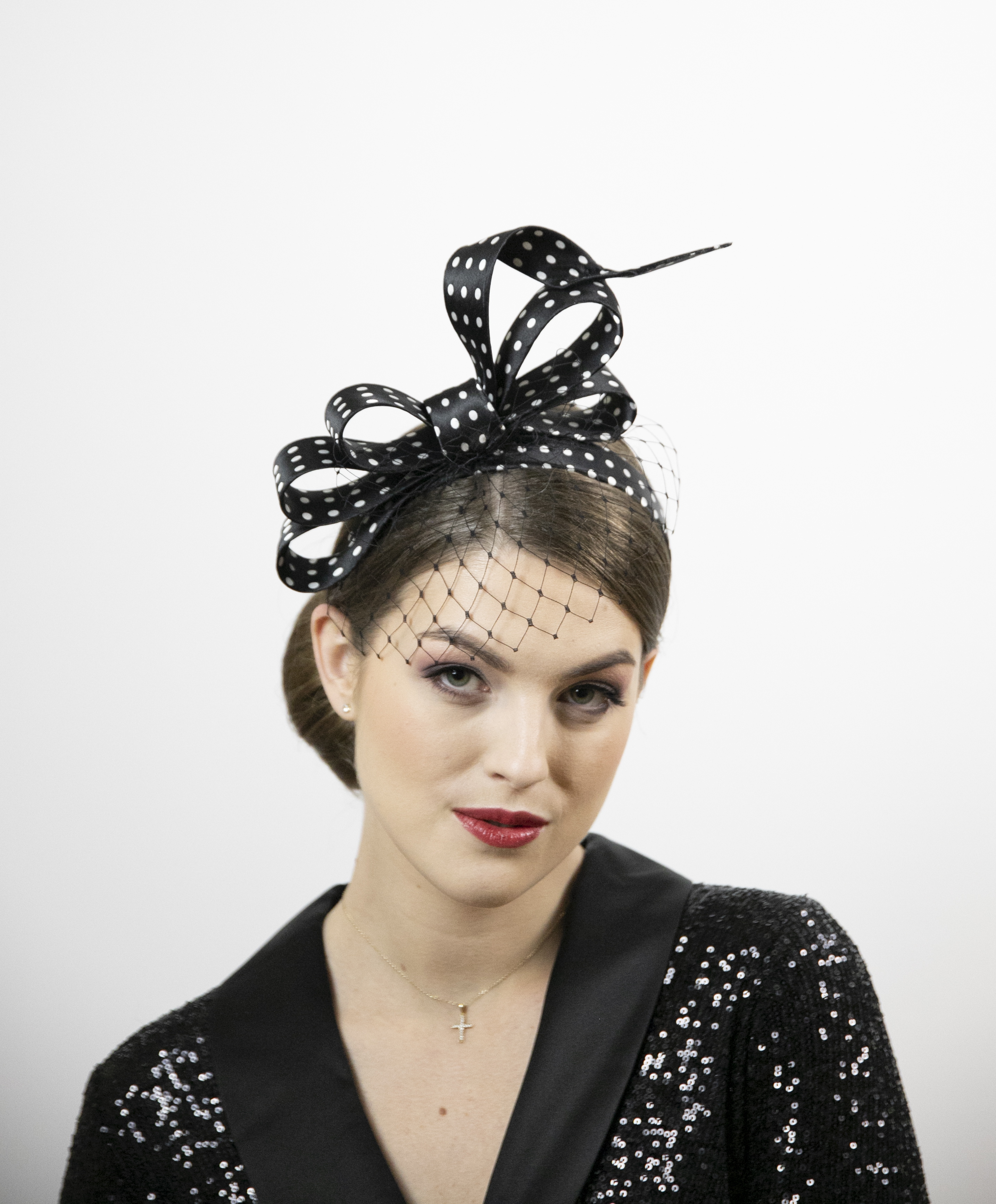 Black and white polka dot fascinator headpiece. Designer hat!