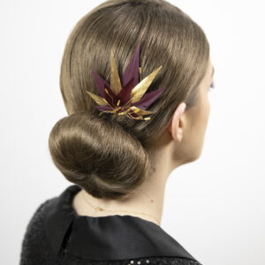 Burgundy red and golden feather fascinator comb