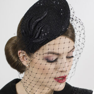 Black pillbox hat with face veil. Funeral hat. Church hat. Wedding guest hat.