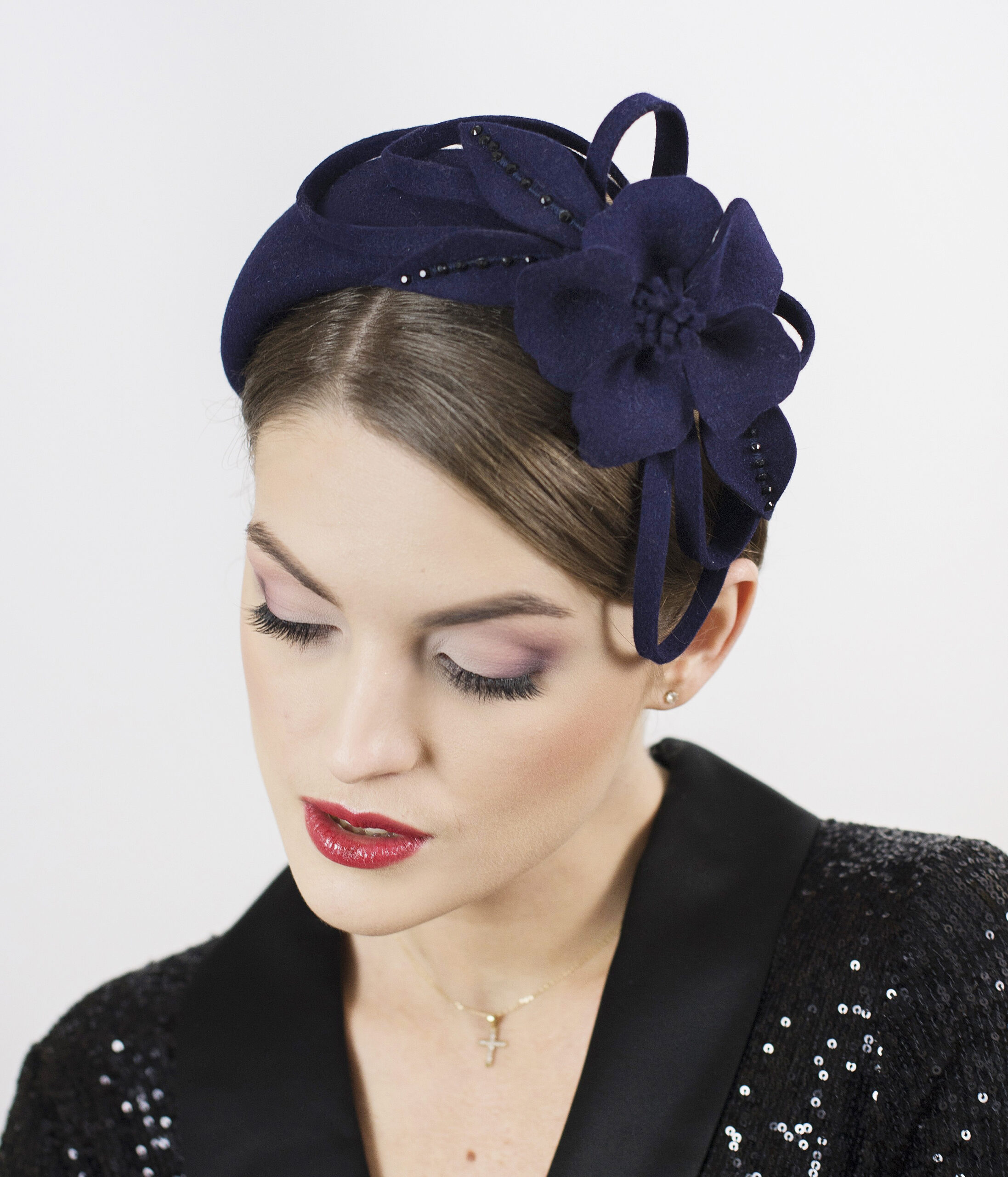 Blue headband hat for women from felt. - Image 3