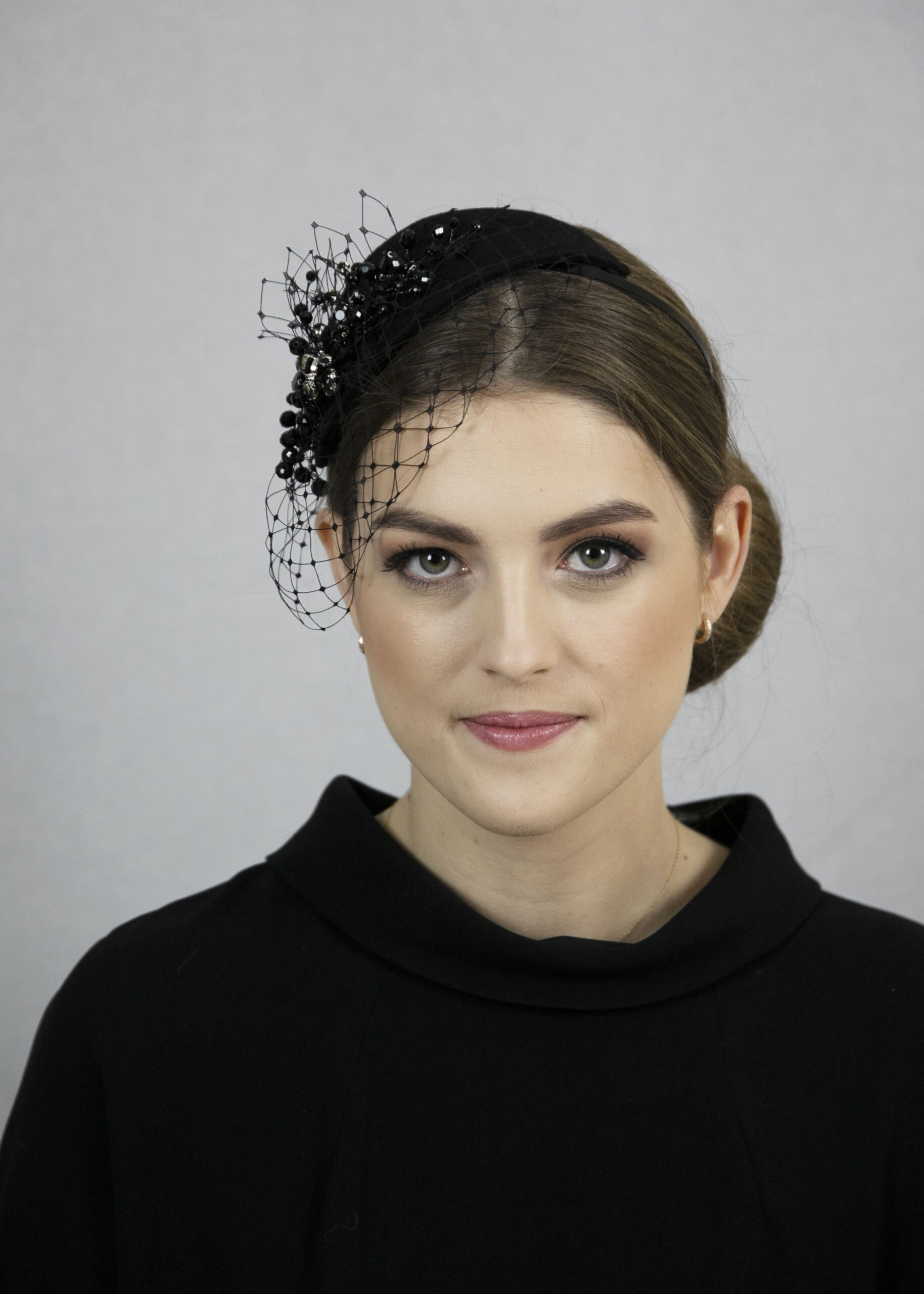 Black fascinator hat with veil. Black funeral headpiece. - Image 3
